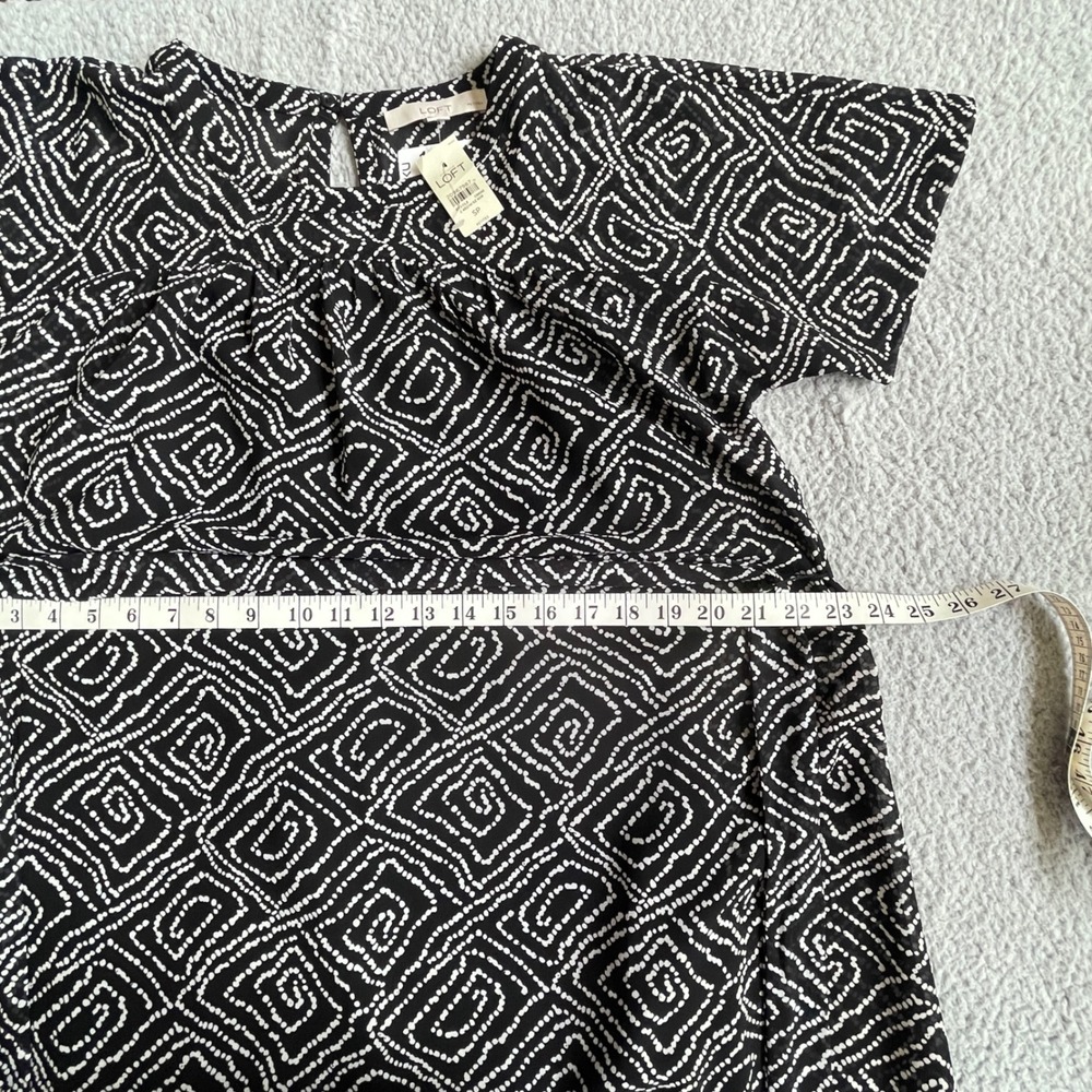 LOFT Geometric Print Dress Womens Small Petite Black NWT Belted Short Sleeve - Picture 9 of 10